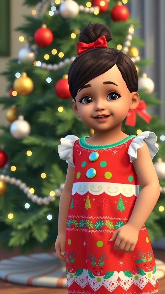 Sims 4 toddler in a colorful Christmas dress next to a decorated tree.